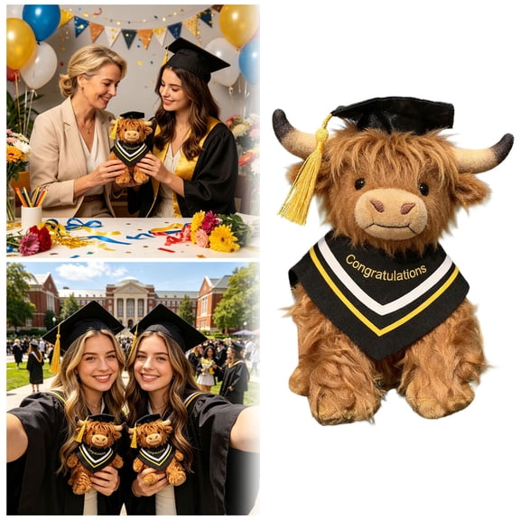 11.8In Graduation Highland Cow Plush Toy With Graduation Cap & Scarf Cute Highland Cow Stuffed Animal For Graduation Party Gift(Brown-30Cm)