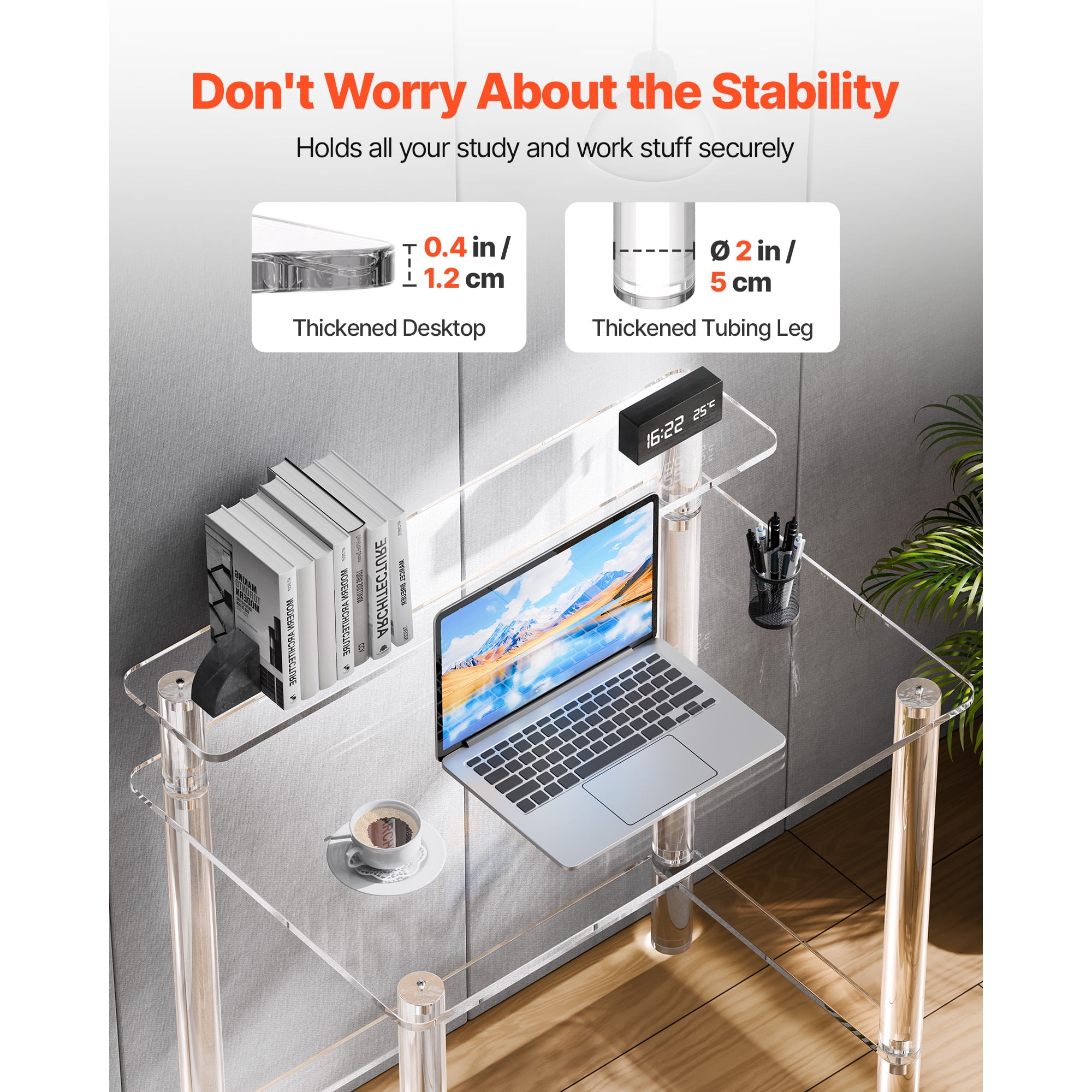 KFFKFF Acrylic Desk, Clear Office Table Featuring Monitor Stand, Sleek Computer Desk for Study, Bedroom, or Office, Modern Side Table or Nightstand, 19.7 x 31.5 x 34.7 in (Transparent)