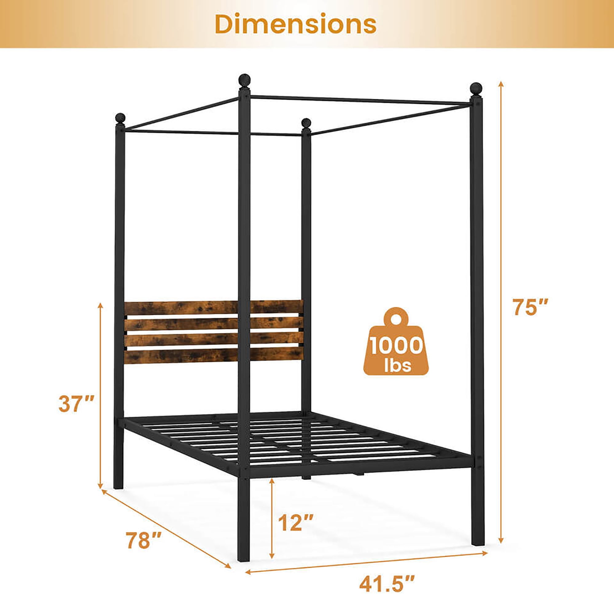 Gymax Twin Size 4-Post Canopy Bed Frame Rustproof Metal Noise-free with Foot Pads