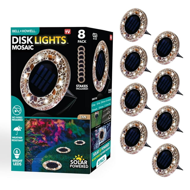Bell + Howell Disques Lumineux Ronds à Mosaïque à Énergie Solaire avec Allumage/extinction Automatiques, Lot de 8