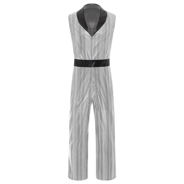 Raenseen Combinaison Longue Sans Manches à Col en V Scintillante Rétro Années 70 Hippie Disco pour Homme Costume Argent 3TG