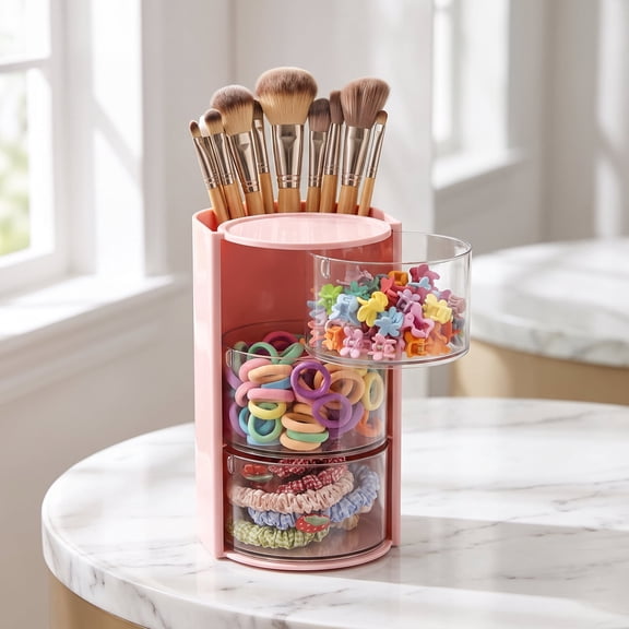 Hair Accessories Organizer with Rotating Brush Holder – 3-Layer Pink Storage for Makeup Brushes, Jewelry, Hair Clips & More