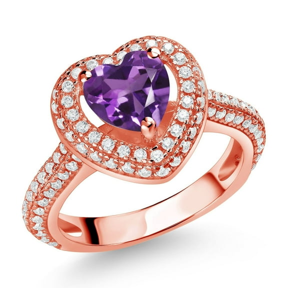 Gem Stone King 18K Rose Gold Plated Silver Purple Amethyst and White Moissanite Heart Shape Ring for Women (1.42 Cttw, Available in Size 5, 6, 7, 8, 9)