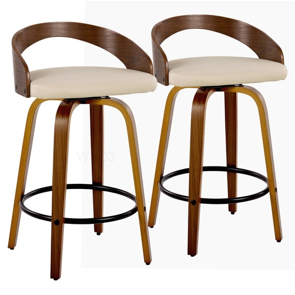 Swivel Counter Stool Set of 2, Cream Faux Leather Seat with Walnut Wood Base and Black Footrest, Mid-Century Modern Style