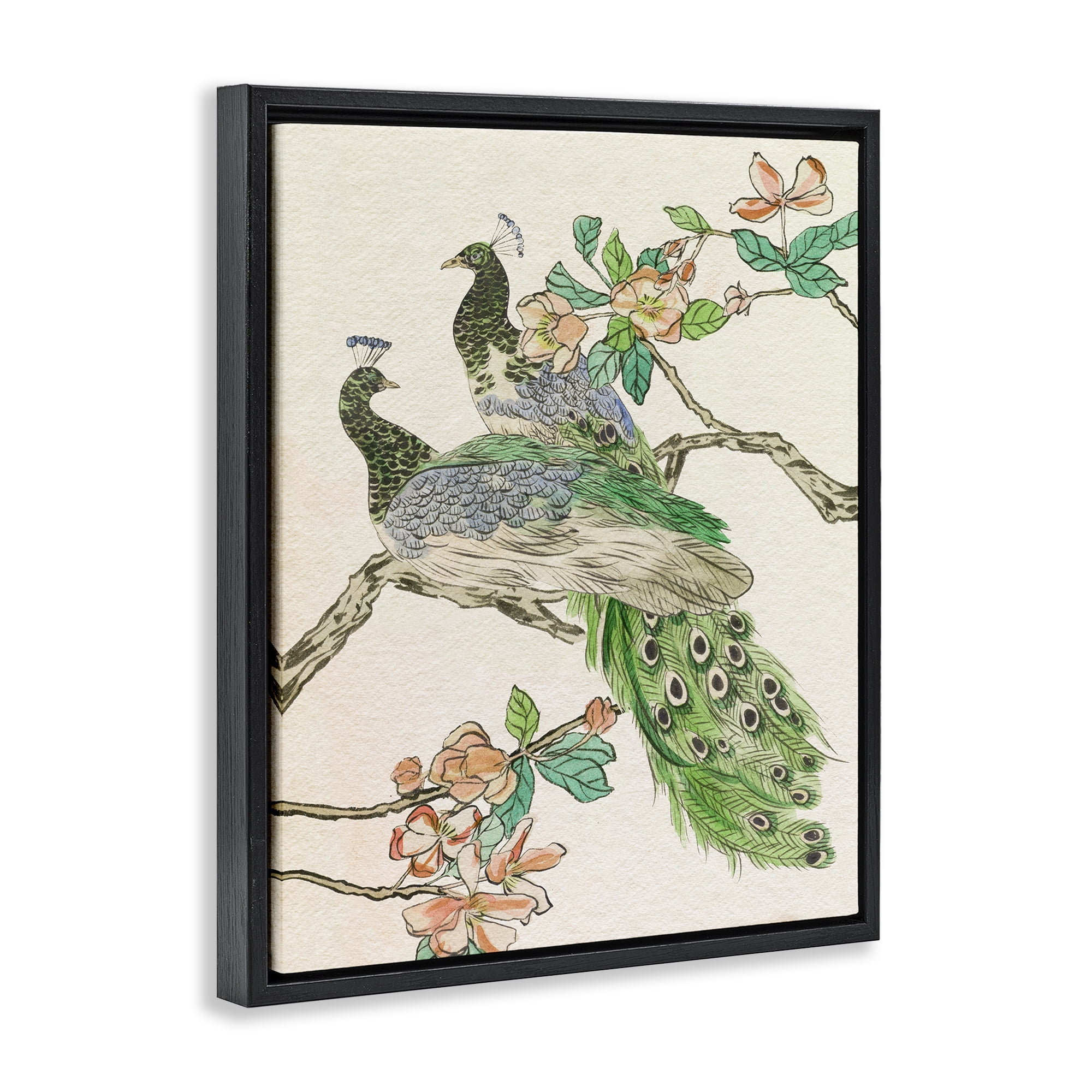 Stupell Industries Peacock Perched on Branch Animals & Insects Painting Black Floater Framed Canvas Art Print Wall Art, 25 x 31