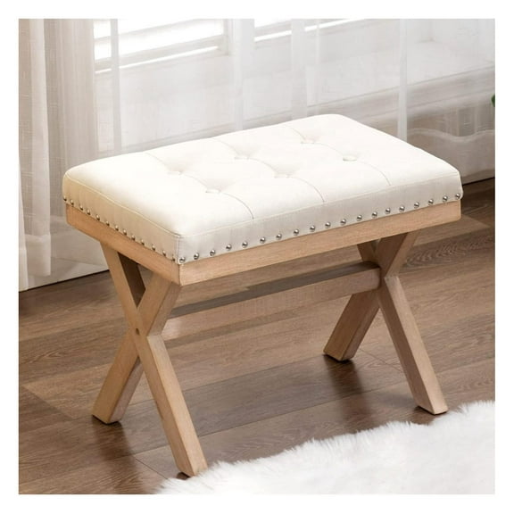 Drevy Bench Ottoman Burlap Linen Fabric Upholstered Entryway Bedroom Bench Footstool Seat with X-Shaped Wooden Legs for Patio Bedroom Living Room Foyer Hallway, Beige