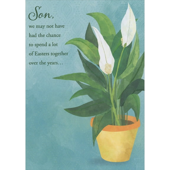 Designer Greetings 2 White Flowers with Dark Green Leaves in Pot: May Not Have Had the Chance Easter Card for Son