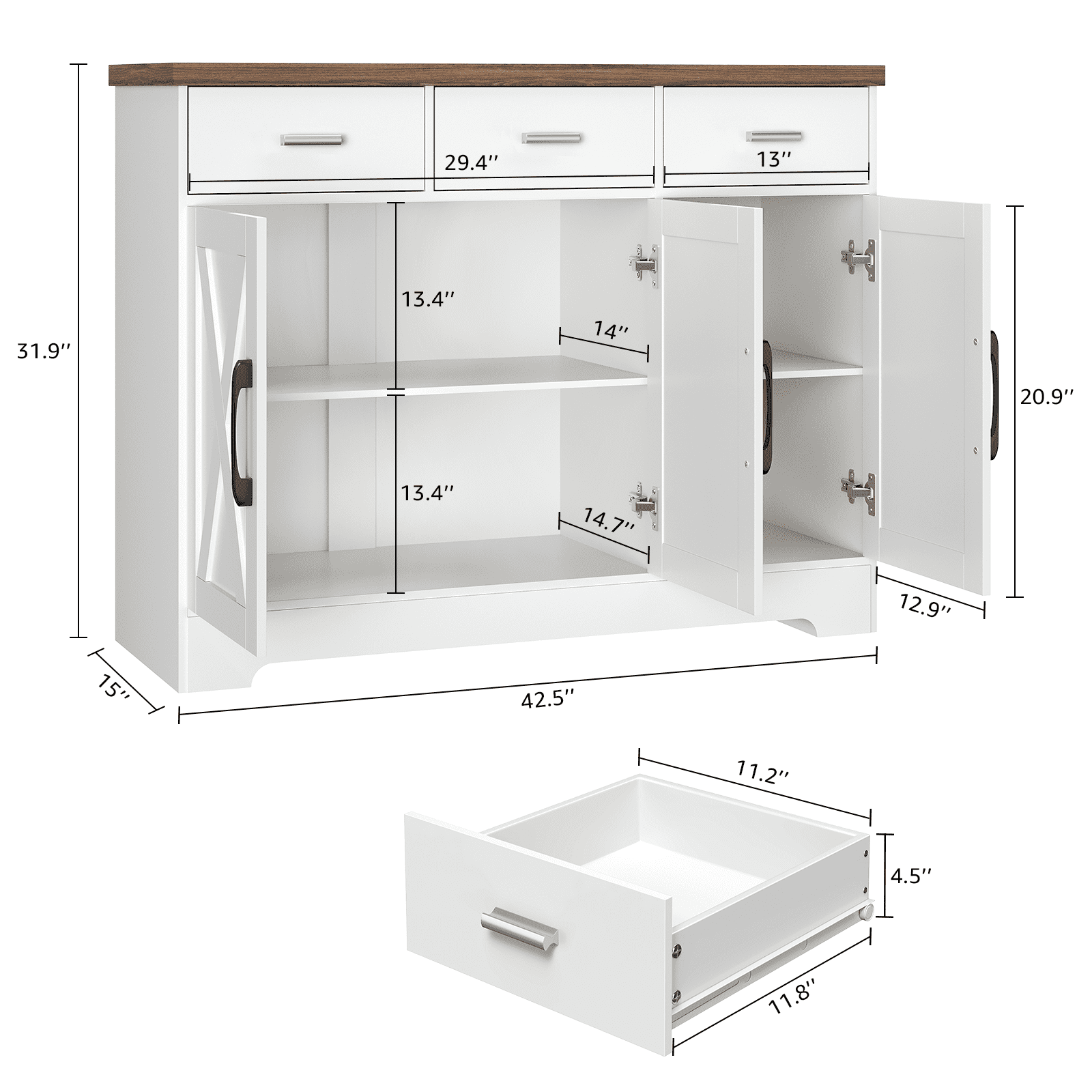 LAFGUR Buffet Sideboard Cabinet,Wood Kitchen Storage Cabinet with Adjustable Shelves,Modern Farmhouse Coffee Bar Cabinet for Kitchen, Dining Room, White