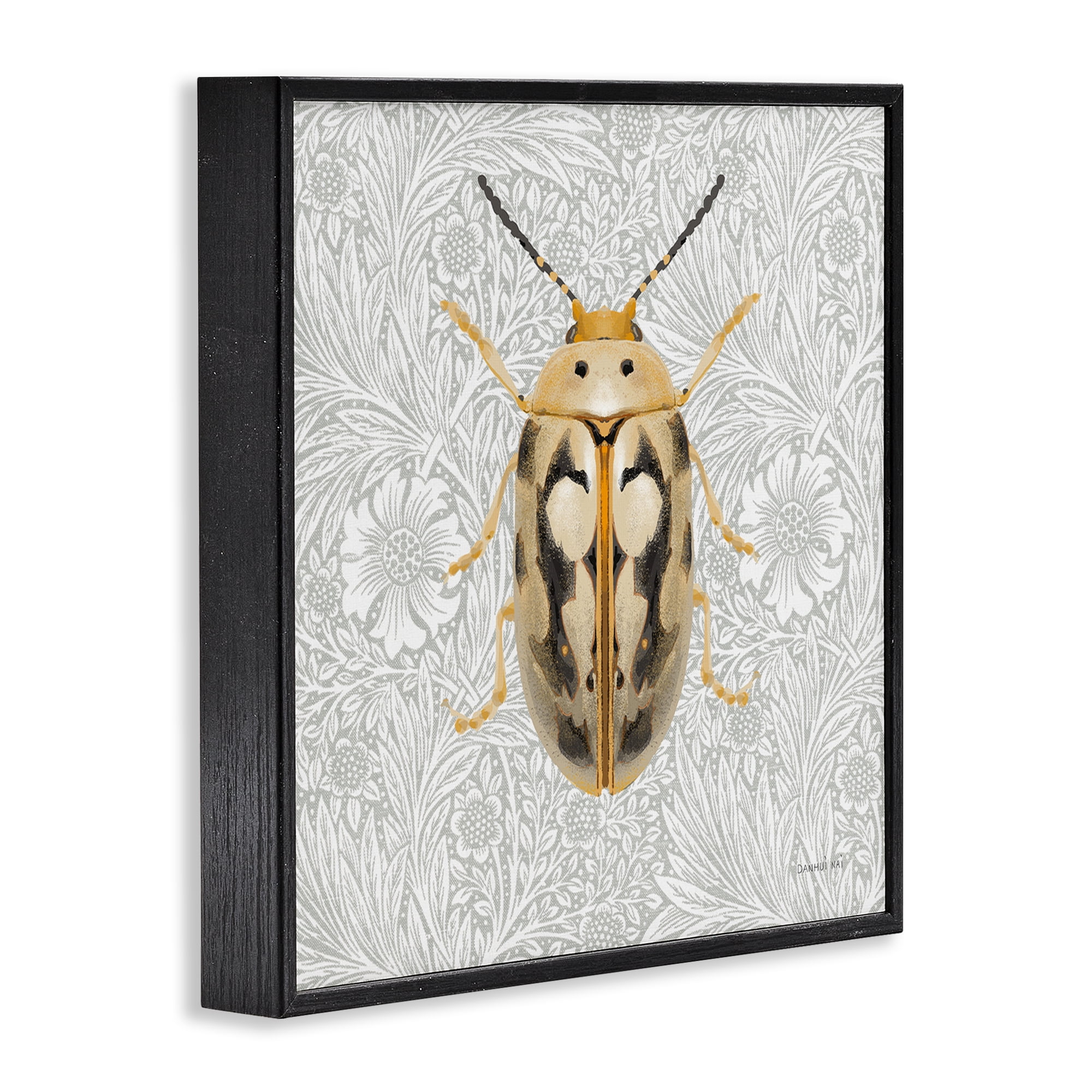 Stupell Industries Vintage Beetle Floral Pattern Animals & Insects Painting Black Framed Art Print Wall Art, 24 x 24