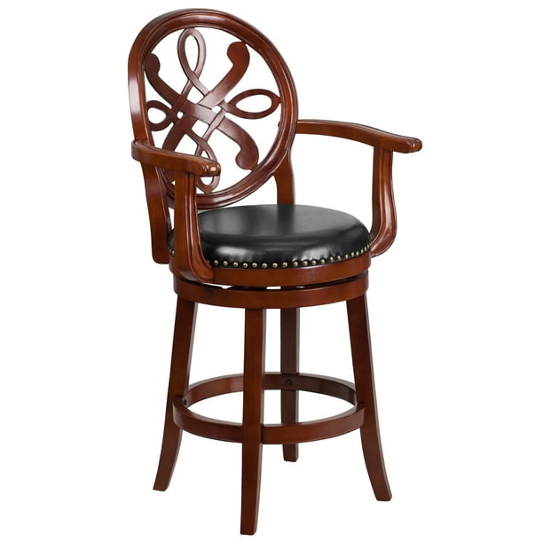 Flash Furniture 26'' High Cherry Wood Counter Height Stool with Arms, Carved Back and Black