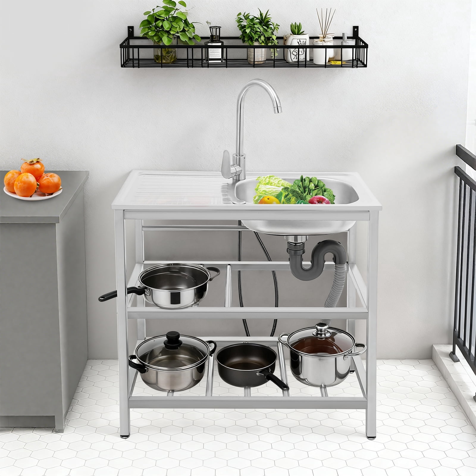 MIYIOKON Stainless Steel Sink with Faucet and Filter, 75*40*78cm Outdoor Kitchen Utility Sink, Freestanding