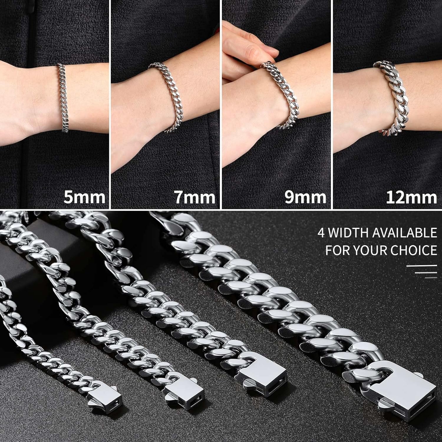 Leander Stainless Steel Cuban Link Bracelet for Men, 5mm/7mm/9mm/12mm Width, 7.5"/8.3"/9" Length, Black/18K Gold Plated Chain Wrist Bracelets for Men, with Gift Box