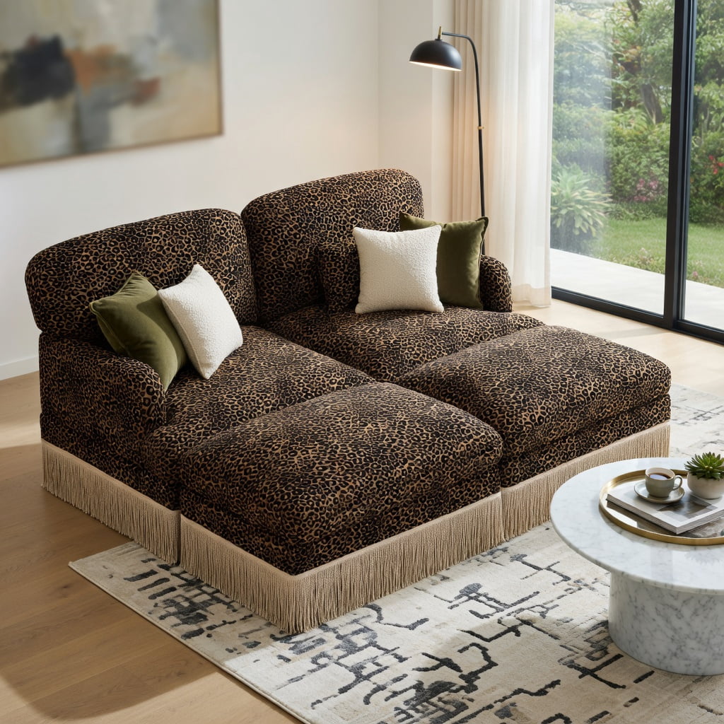 Hommoo Comfy Chenille Leopard Print Loveseat Sofa with Movable Ottomans, Tassel Trim & Ergonomic Deep Seat, Modern 2-Seat Modular Living Room Couch, Brown