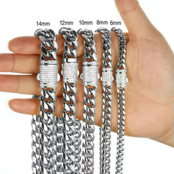 New Hot 6-14mm CZ Miami Cuban Link Chain Necklace Stainless Steel for Men Women