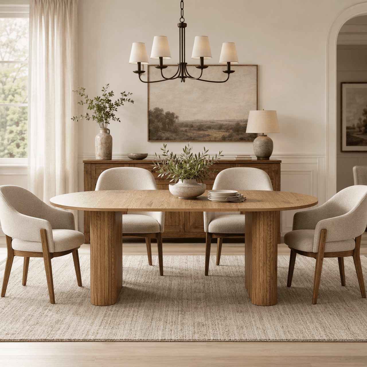 Oval Dining Table 70.87 Inch, Farmhouse Kitchen Table with Wood Strip Metal Base and Rounded Edges, Living Room and Reception Furniture, Beige and Light Natural