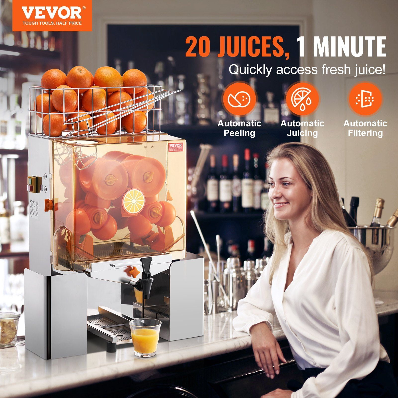 HCY Commercial Orange Juicer Machine, 120W Automatic Juice Extractor with Water Tap, Stainless Steel Orange Squeezer 20 Oranges/Minute, with Pull-Out Filter Box, PC Cover, 2 Peel Collecting Buckets
