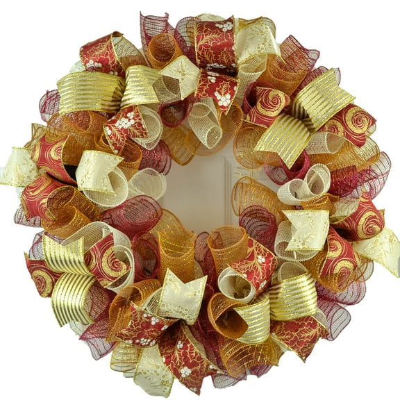 Burgundy Christmas Wreath - Traditional Christmas Decorations Maroon Mesh Holiday Door Decor - Gold Ivory Cream