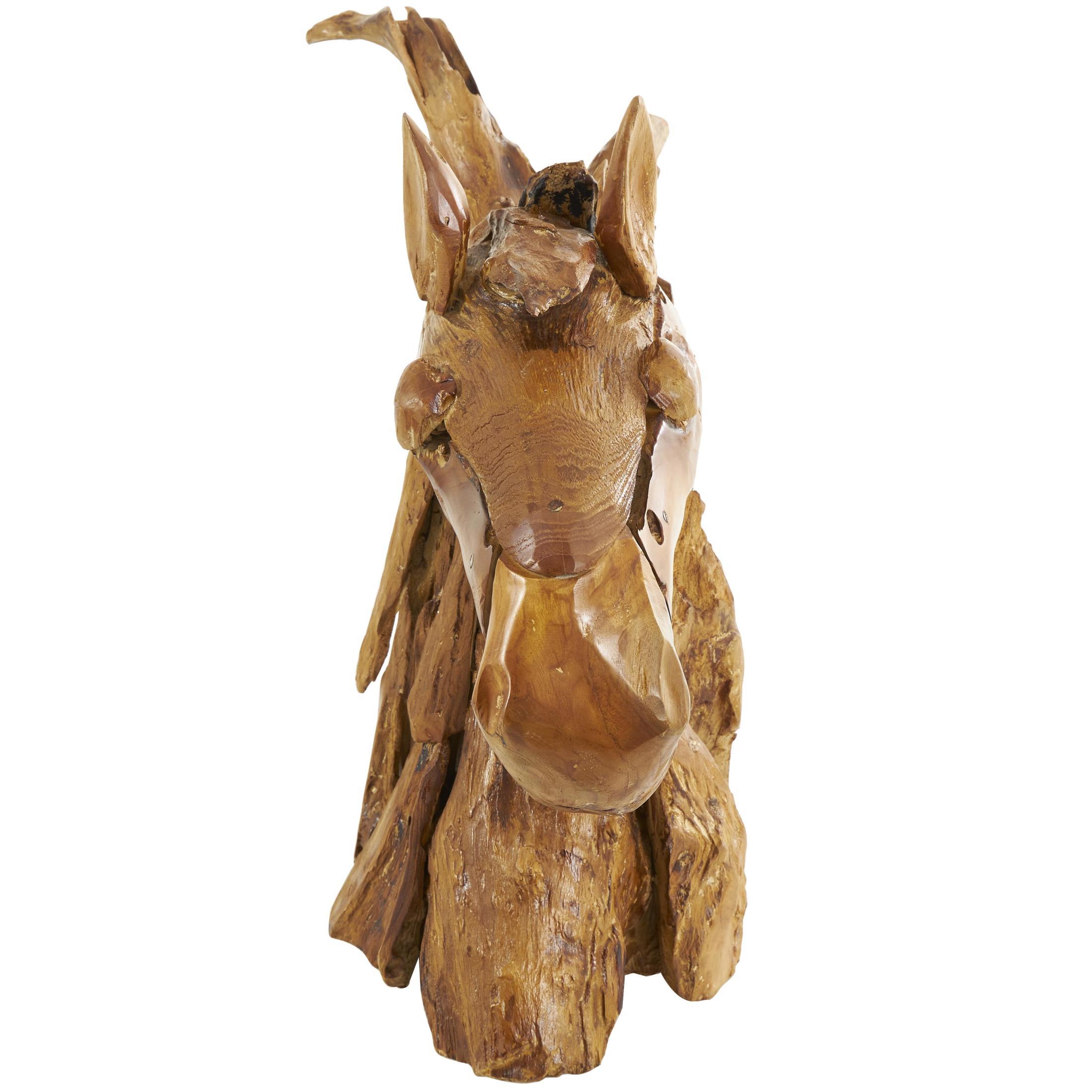 25" x 23" Brown Teak Wood Handmade Horse Sculpture, by DecMode
