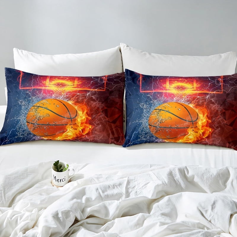 Epic 3D Basketball Duvet Cover - Action Fire & Water Design for Ultra-Cool Kids & Teens Sports Themed Room (Twin, Full, Queen, King)