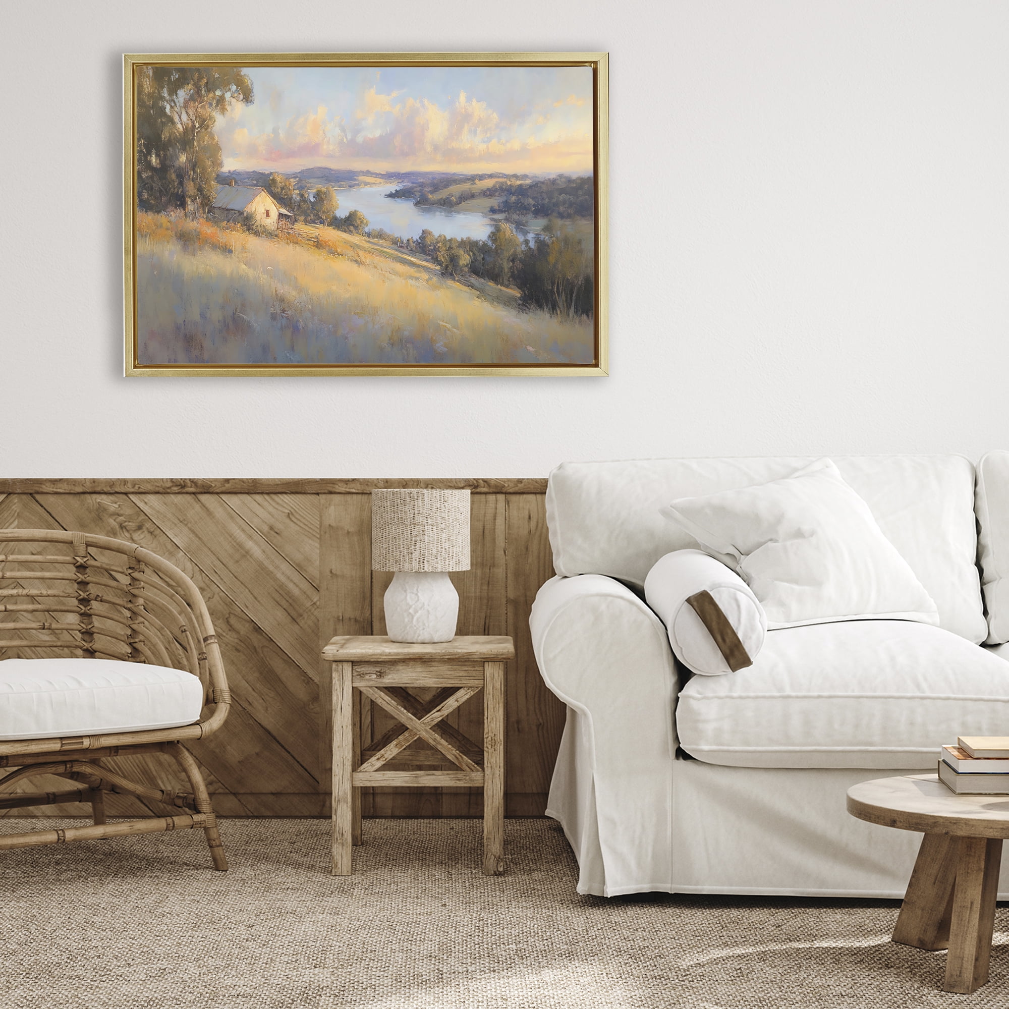 Stupell Industries Hilltop Cottage in Sunset Glow Gold Framed Floater Canvas Wall Art, design by Creative Studio