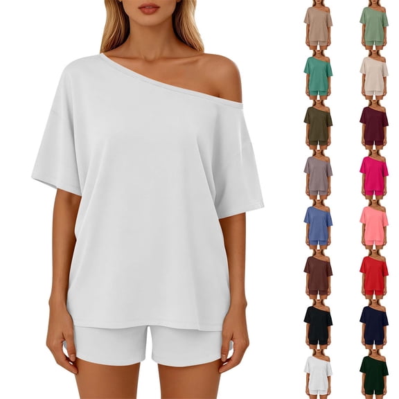 Sevevn Women’s Casual Set Short Sleeve Off Shoulder Top and Shorts Set Lightweight Breathable Loose Fit Two Piece Outfit