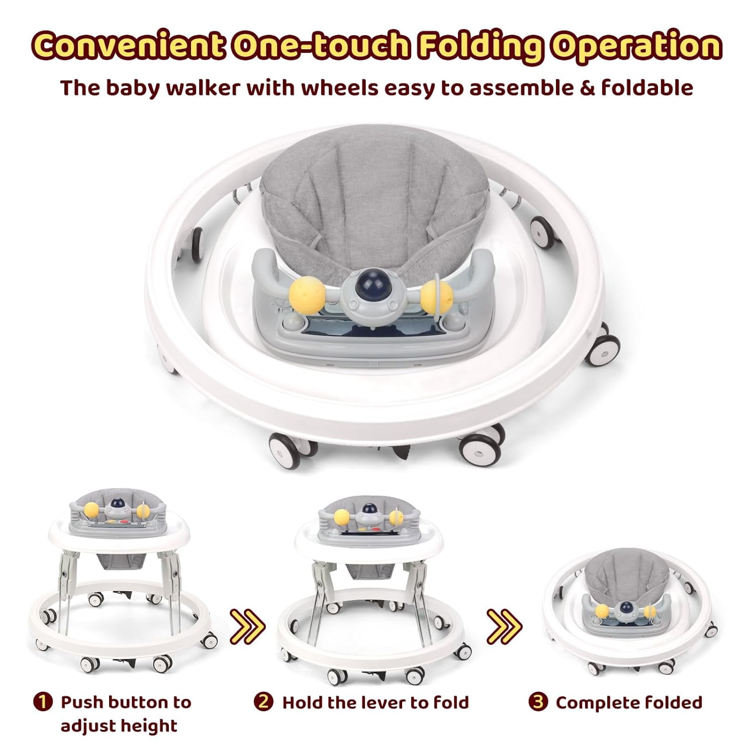PRVAETU Foldable Baby Walker Activity Center W/ Music Toy,Wheels,Height Adjustable & Foot Pad for 6-18 Months Babies Infant Boys Girls,Grey