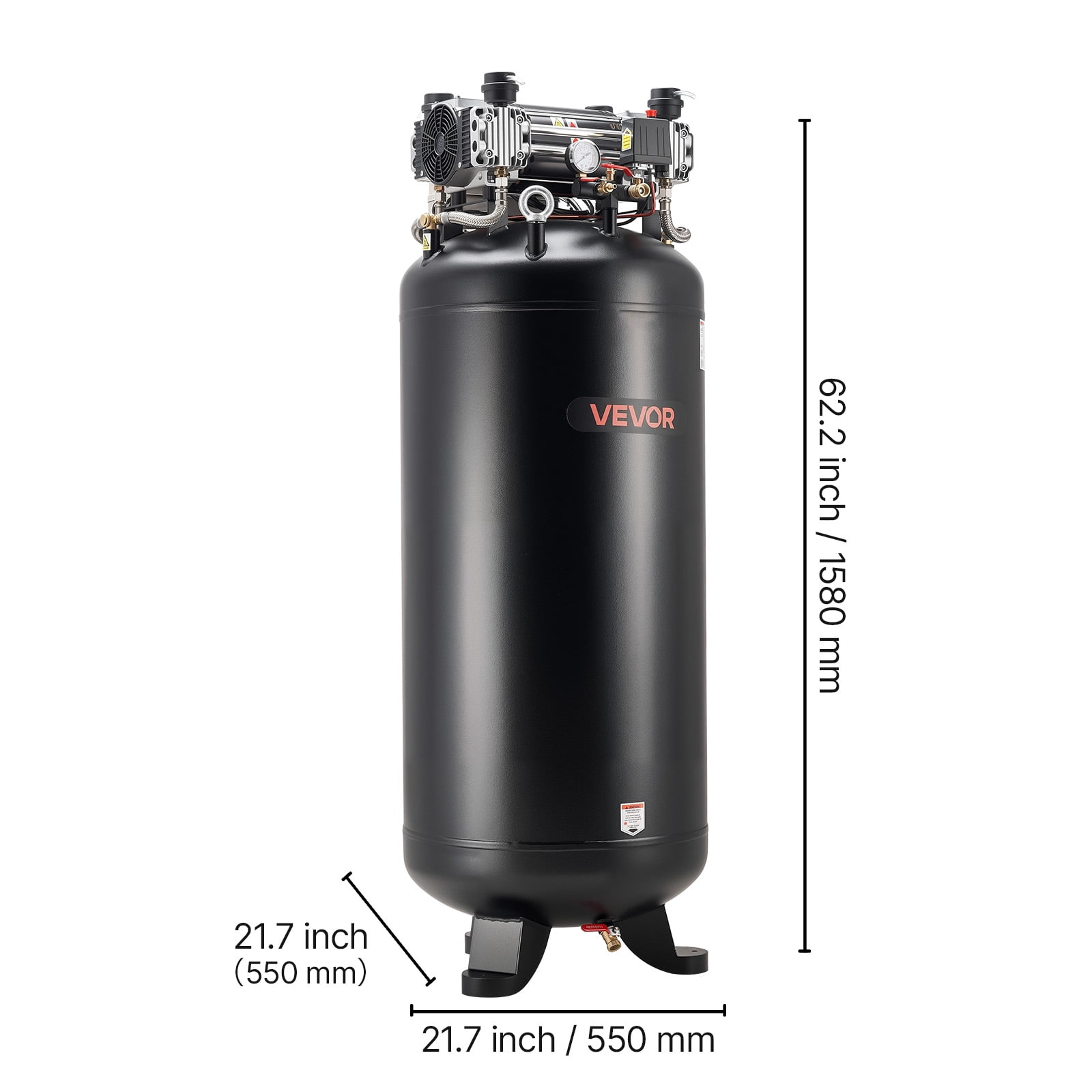 VEVOR 80 Gallons Heavy-Duty Air Compressor, 5HP 13.5SCFM at 90PSI Air Compressors Max 145PSI Pressure, Oil-Free Compressor Tank for Industrial Manufacturing, Large Workshops (230V 3-Phase, No Plug)