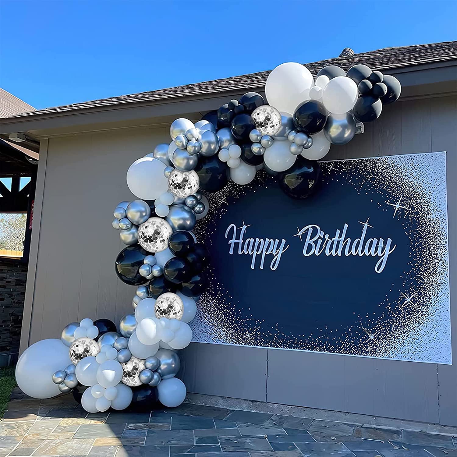 KIRIKOU 138pcs Black Silver and White Balloon Garland Arch Kit 18" 12" 10" 5" Chrome Metallic Confetti Pastel Latex Balloons for Birthday Wedding Baby Shower Party Decors