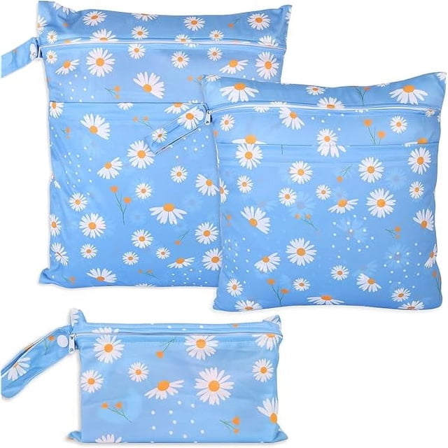 HAYAN3pcs Baby Cloth Diaper Wet Dry Bags, Waterproof Reusable Wet Bag with 2 Zipper Pockets & Handle, Washable Laundry Bags for Travel Beach Pool Daycare Yoga Gym Exercise Swimsuits, SML, Blue