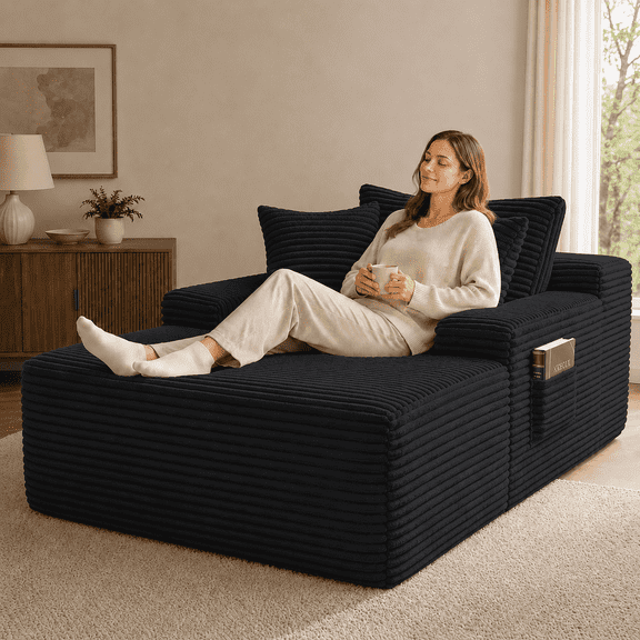 67" Corduroy Boneless Chaise Sofa Couch for Living Room, Wide Armrest Lounge Chair, Indoor Oversized Sleeper Sofa Bed, No Assembly Required, Black