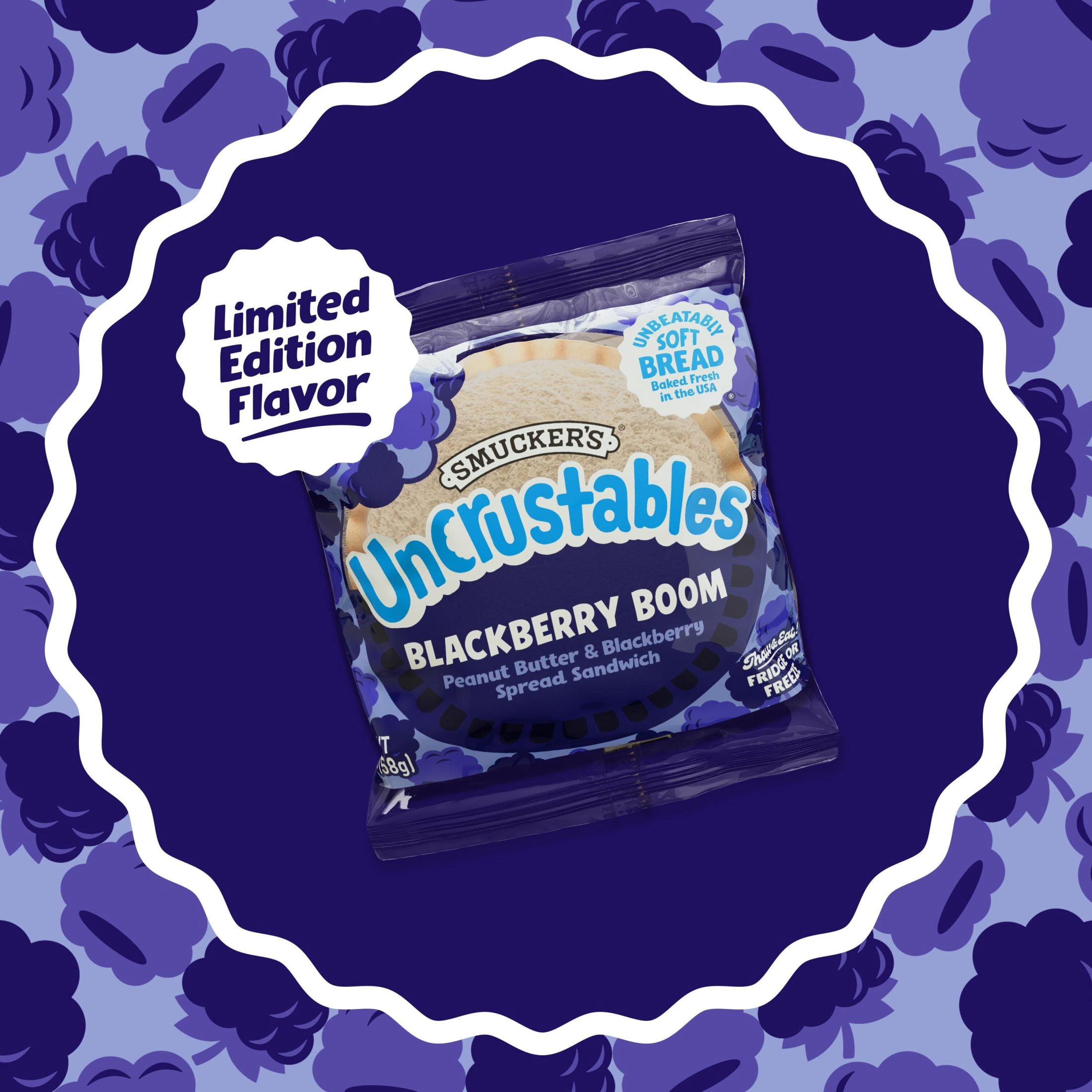 Smucker’s Uncrustables Peanut Butter & Blackberry Spread Sandwiches, 4 Count, 2 oz Each, Frozen