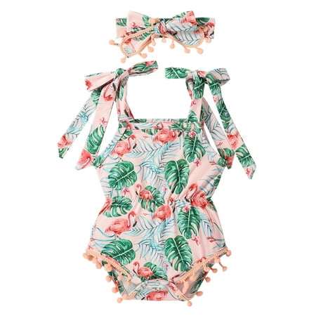 

Ehfomius 2PCS Newborn Baby Girls Summer Floral Pompom Tassel Romper Bodysuit Jumpsuit Clothes Outfits with Headband