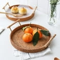 thumbnail image 4 of Oleegame 2PC Produce Storage Rattan Round Serving Tray Hand Woven Rattan Tray Serving Tray With Handles Wicker Tray Basket Tray For Bread Fruit Food Coffee Breakfast Display Yellow, 4 of 7