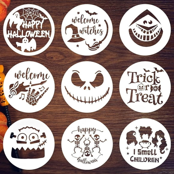 9 Pcs Halloween Stencils for Painting, 12 Inch Large Round Halloween Templates, Reusable Halloween Stencils for Painting on Wood Walls Windows Doors Mats Fabric