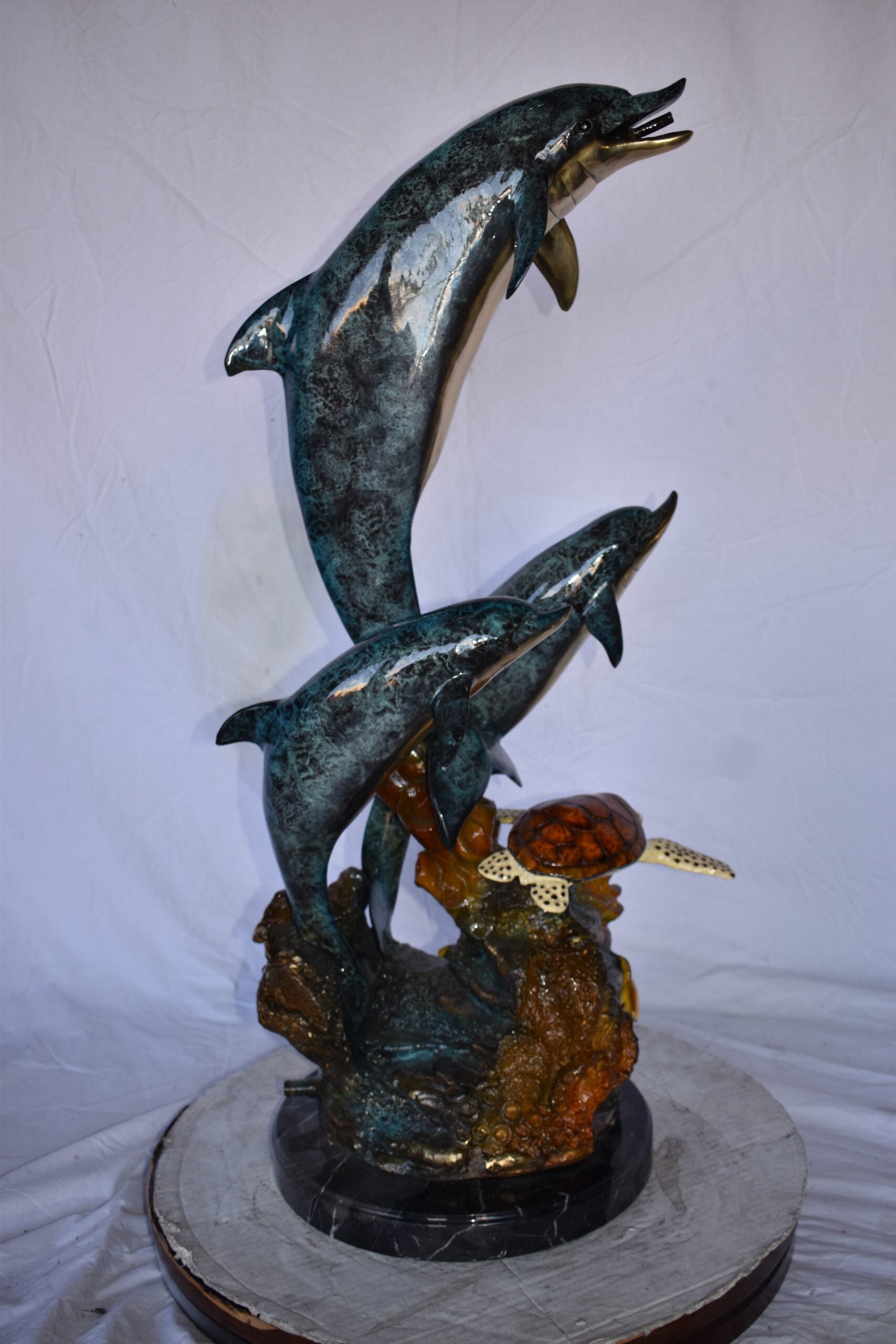 Nifao Three Dolphins with Sea Turtle Outdoor Fountain Statue, Bronze Garden Water Feature Sculpture for Patio & Yard – Garden Outdoor Decor Sculpture, 17"L x 15"W x 38"H