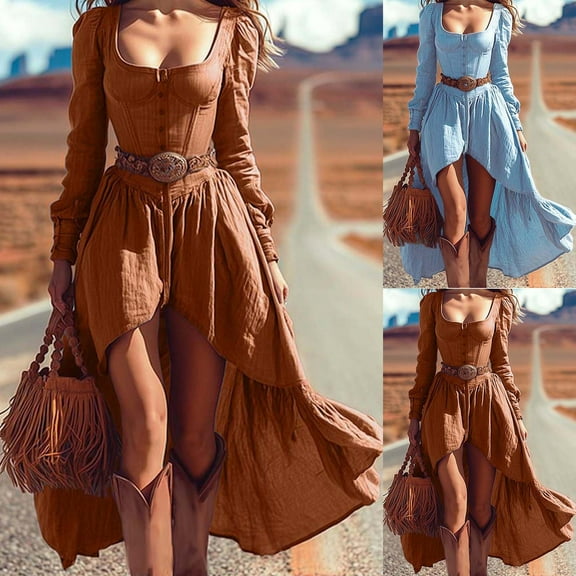 SMihono Western Denim Dresses Long Sleeve Casual Dress for Cowboy Style Maxi Dress Crewneck Wear Outfits Women Dresses Brown L