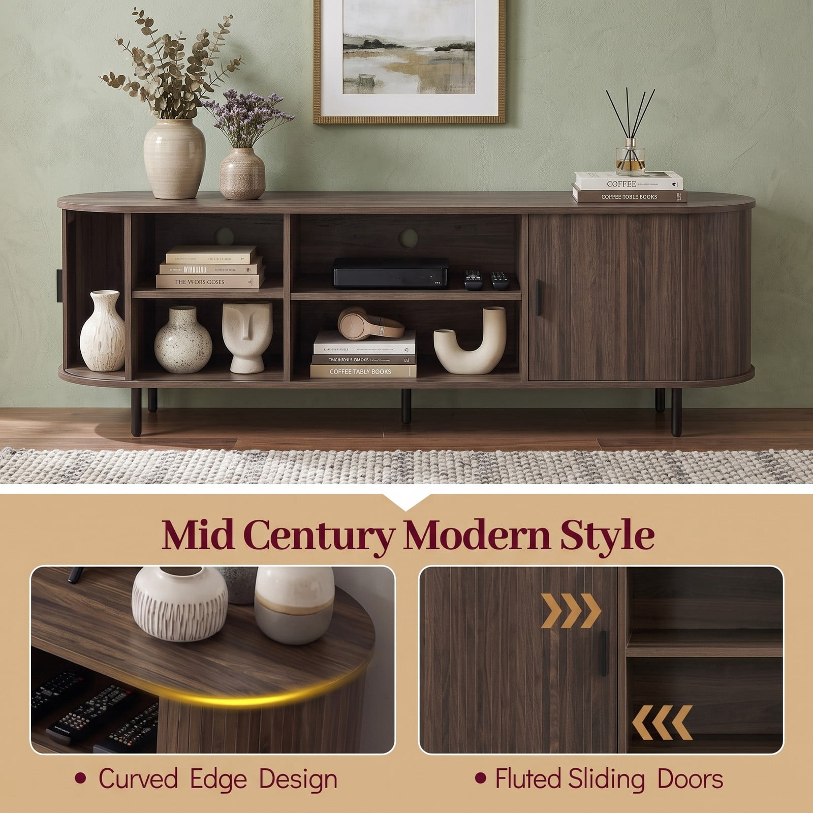 Furnibear 80 Inch TV Stand Mid Century Modern Entertainment Center with Fluted Sliding Doors, Wood Media Console Table with Storage Shelves for Living Room, Walnut