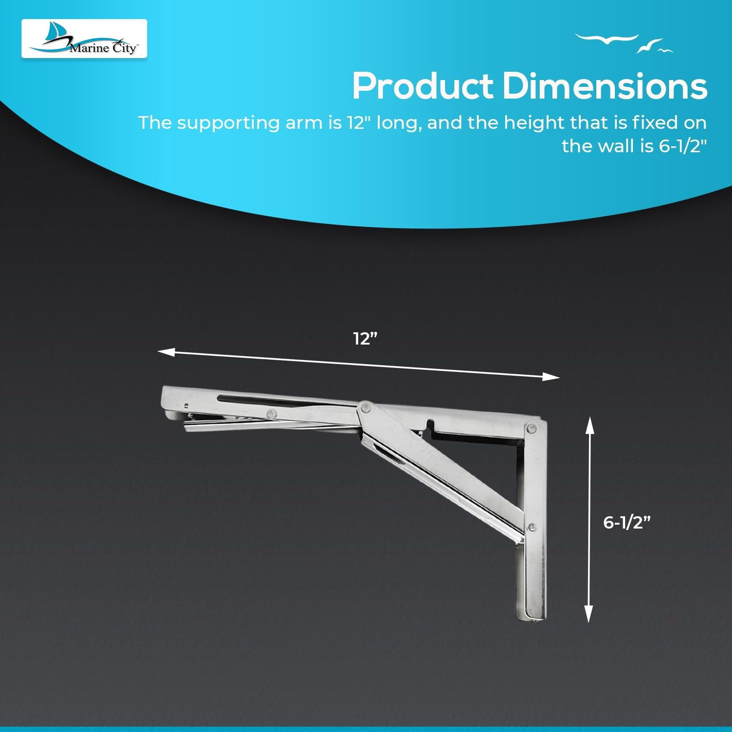 MARINE CITY Table Bracket Long Release Arm, 304 Stainless Steel Folding Shelf Bracket, 12-inch Arm, Supports 330LB, Space-Saving Design, Ideal for Tables, Shelves, Storage Racks Pack of 1