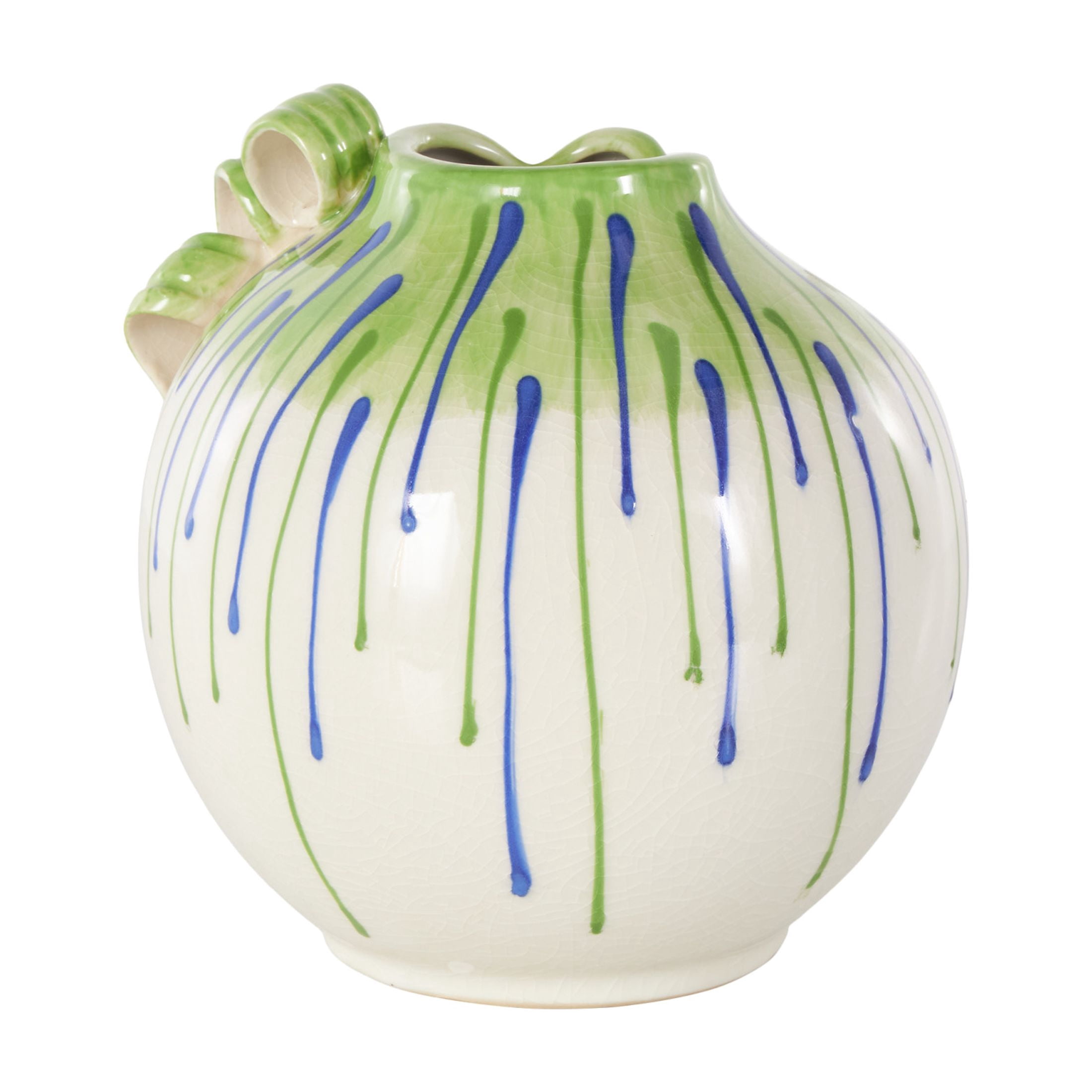 DecMode 8" Abstract White Ceramic Vase with Green and Blue Drip Design and Handles