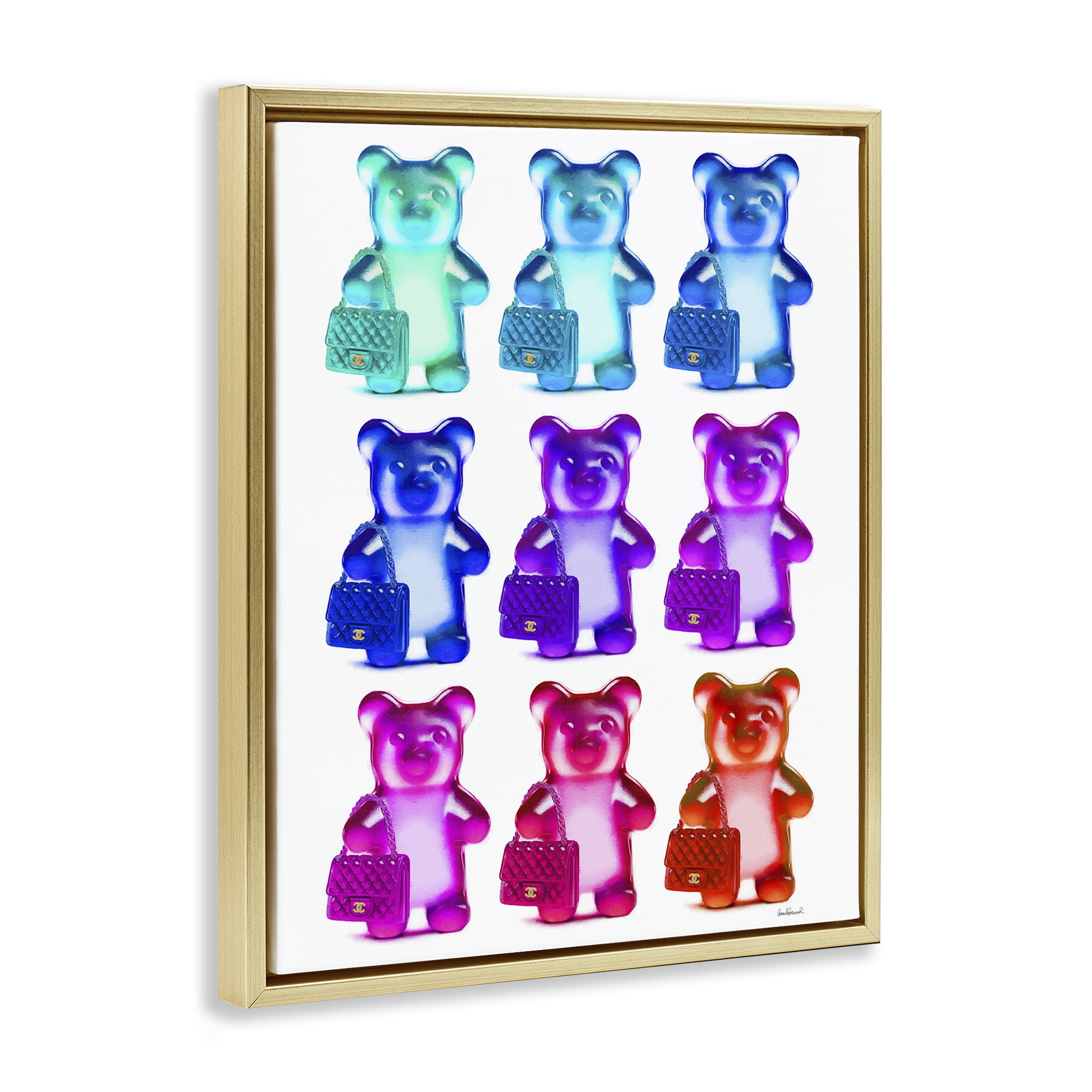 Stupell Industries Bright Hued Bears & Bags Fashion Painting Gold Floater Framed Canvas Art Print Wall Art, 17 x 21