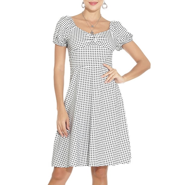 WILLBEST Vestidos Casuales Border Independent Station - Vestido Nuevo para Mujer con Cuello Cuadrado, Manga Corta Abullonada, Elástico, Fruncido, Ajustado, Estampado de Vuelo Grande Chica