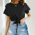 thumbnail image 2 of YOTMKGDO Crop Tops for Women, Summer Outfits for Women, Womens Casual Short Sleeve Tie Front Top Round Neck Summer Solid Color Crop Top T Shirt, Short Sleeve Shirts for Women, Black, L, 2 of 5