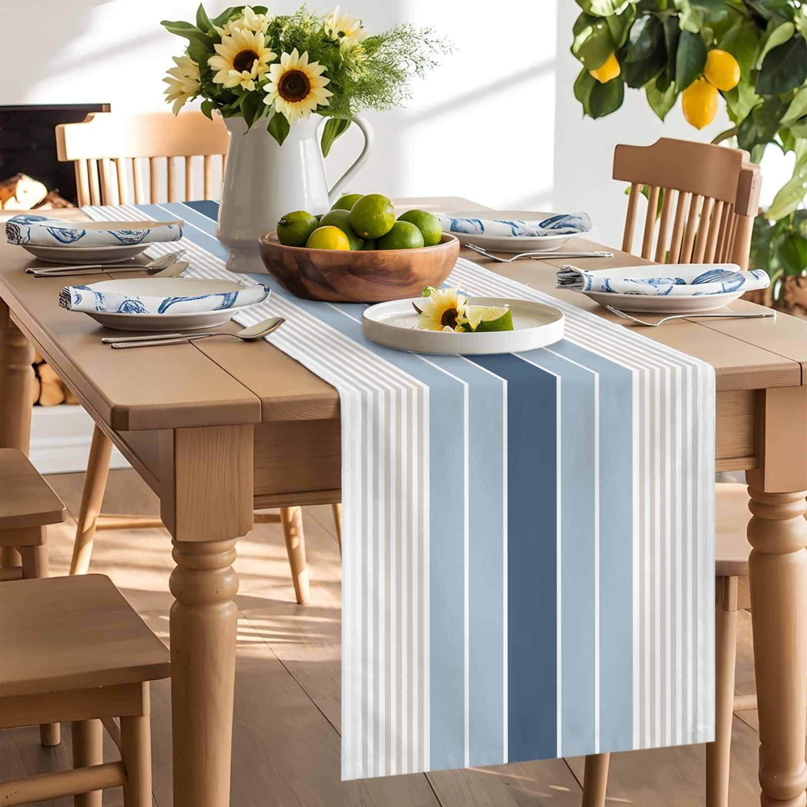 Blue Stripes Abstract Geometric Table Runner 90 Inches Long, Minimalist Style Table Runners Tabletop Scarf Kitchen Dining Tables Decoration for Home Party Indoor Outdoor