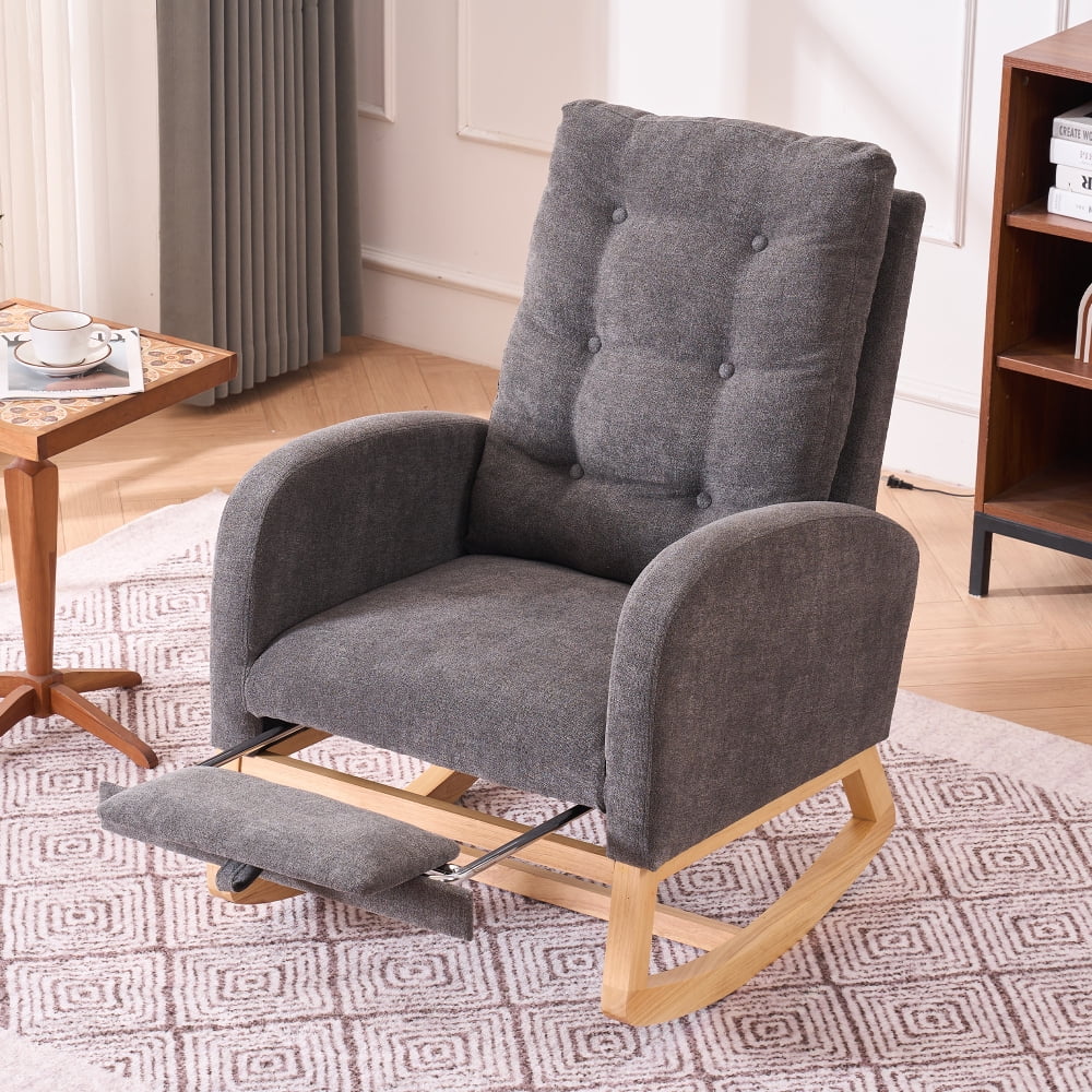 LUCKHAO Accent Rocking Chair with High Back , Nursery Rocking Chair with Retractable Foot Rest, Glider Rocking Chair with Solid Wood Legs ,Button Decors Mid Century Rocker Chair
