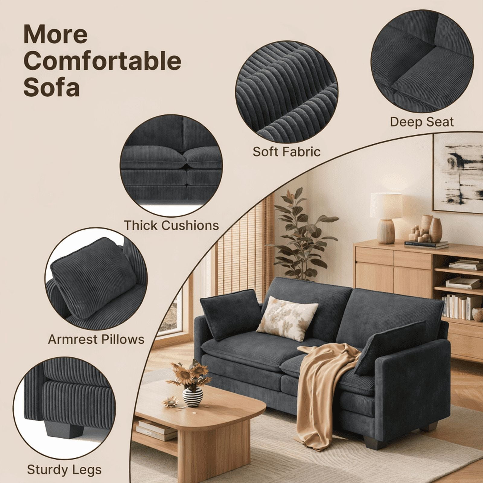75" Corduroy Cloud Loveseat, Modern Oversized Sofa with Double Layer Cushions – Deep Seat Soft Fabric Couch for Living Room, Gray