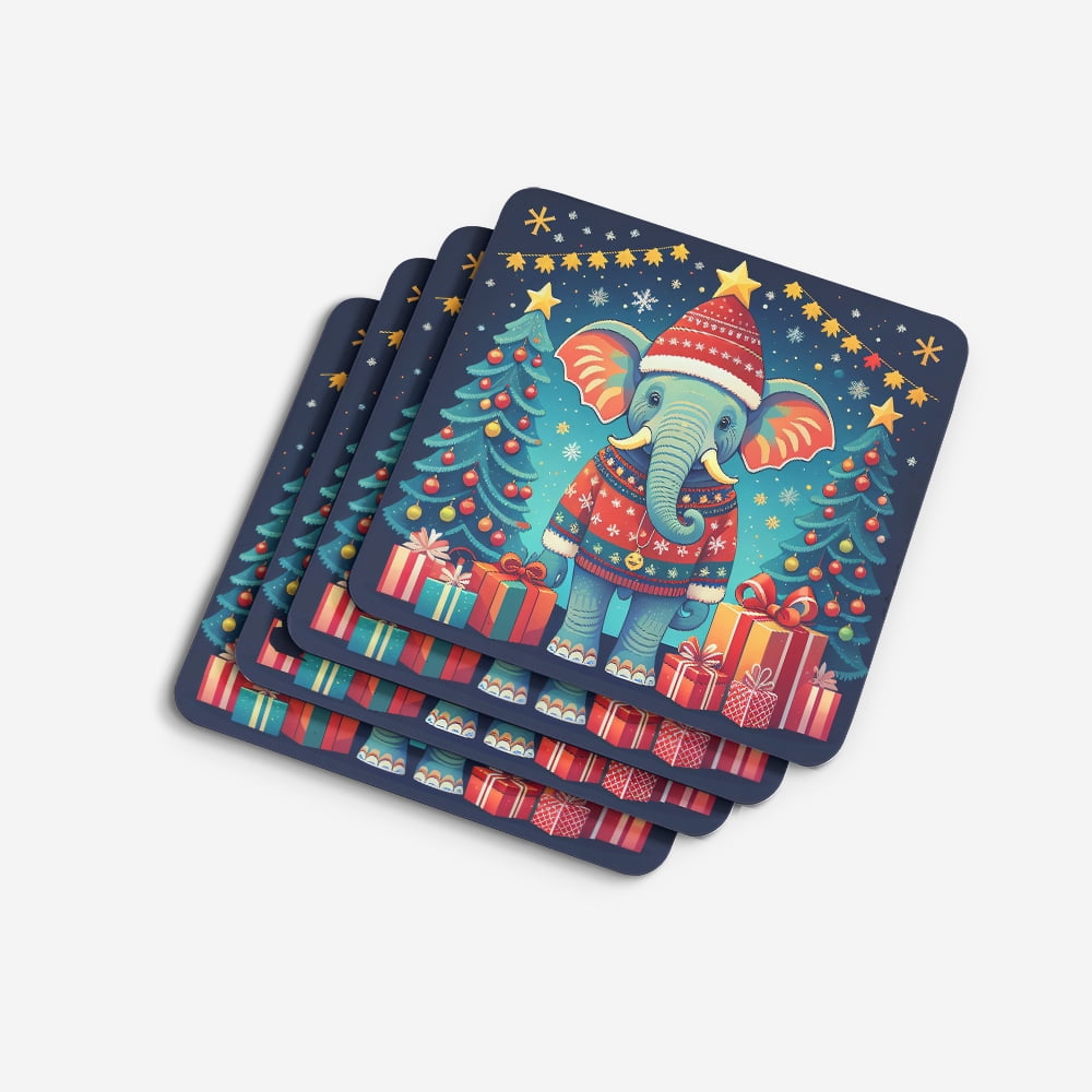 Elephant Christmas Foam Coaster Set of 4 3.5 in x 3.5 in
