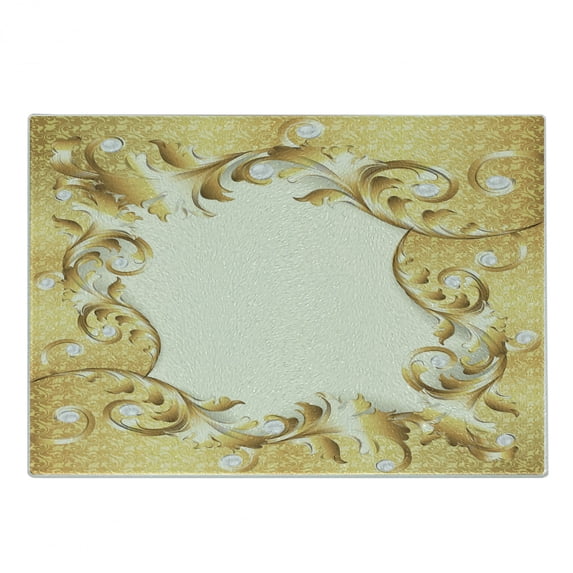 Pearls Cutting Board, Illustration of a Frame Ornaments and Stones Baroque Style Floral Patterns, Decorative Tempered Glass Cutting and Serving Board, Small Size, Cream Yellow, by Ambesonne