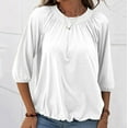 thumbnail image 5 of White T Shirts For Women's Fashion Solid Round Neck T Shirt Blouse 3/4 Sleeve Loose Pleated Tops, 5 of 9