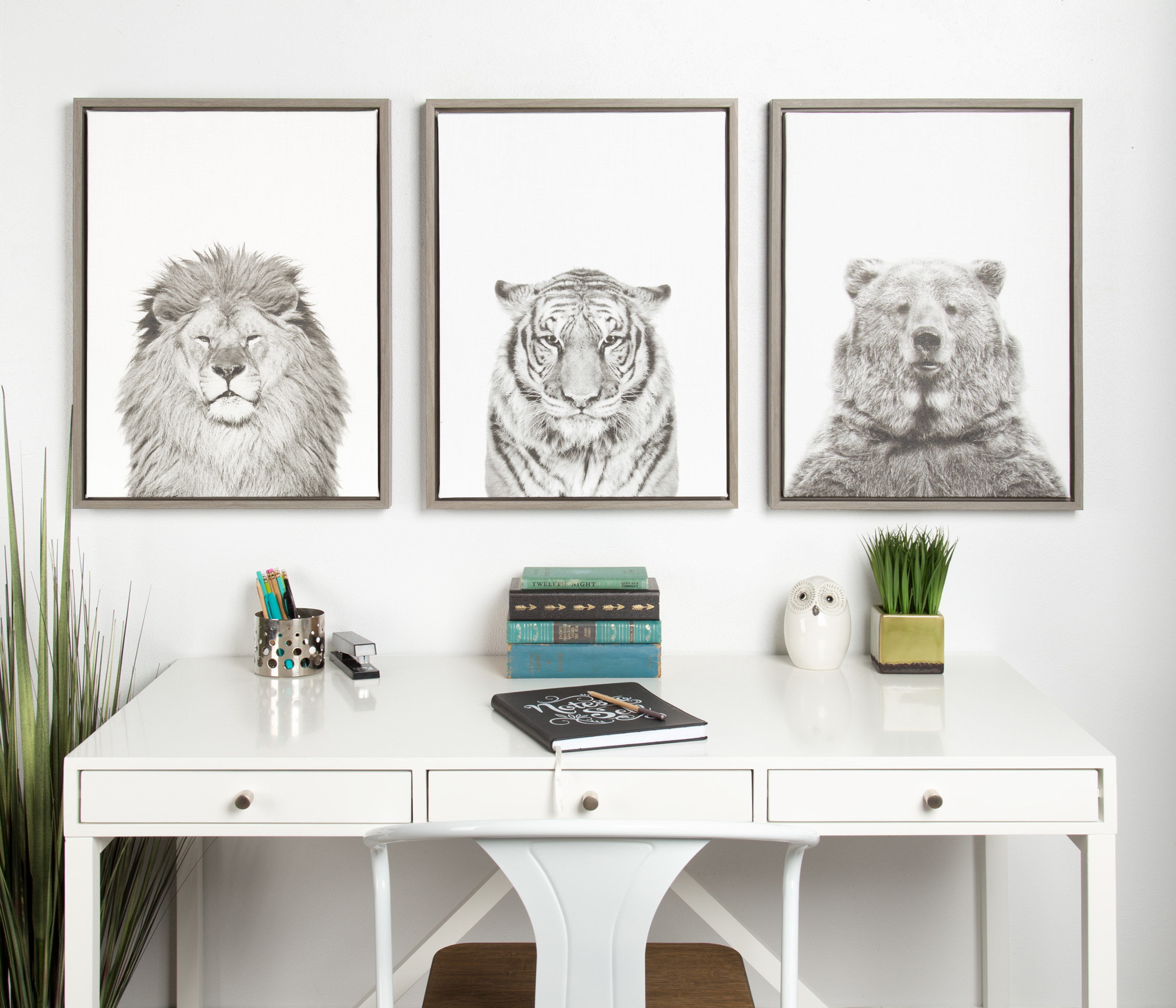 Kate and Laurel Sylvie Tiger Black and White Portrait Framed Canvas Wall Art by Simon Te Tai, 18x24 Gray