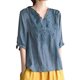 thumbnail image 1 of Camisa vintage de lino bordada para mujer: cuello en V holgado, manga 3/4, mezcla transpirable, jersey informal, blusa para todas las estaciones, 1 of 8